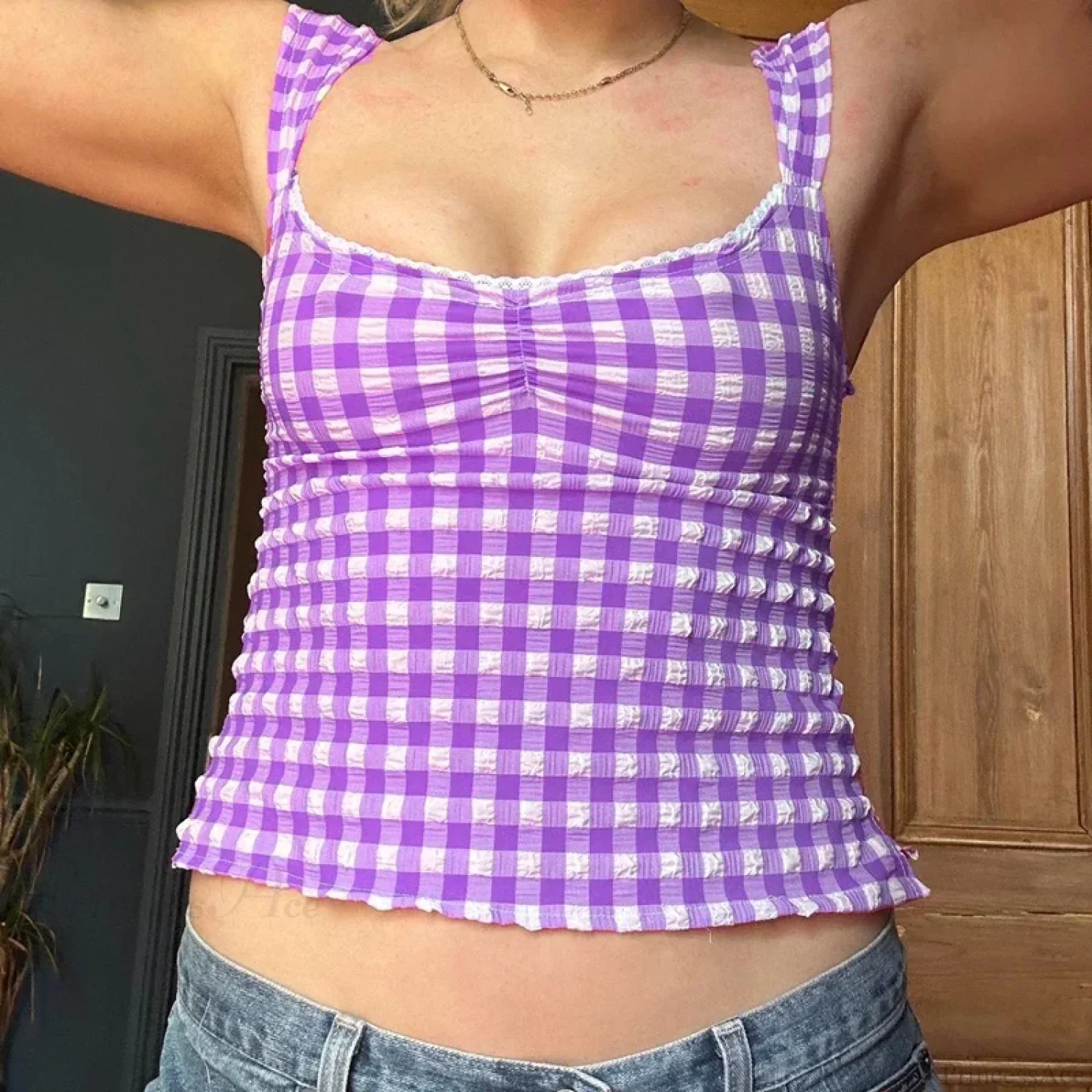 Plaid Gingham Lace Trim Square Collar Slim Fit Y2K Vintage Backless Crop Top - Image 4