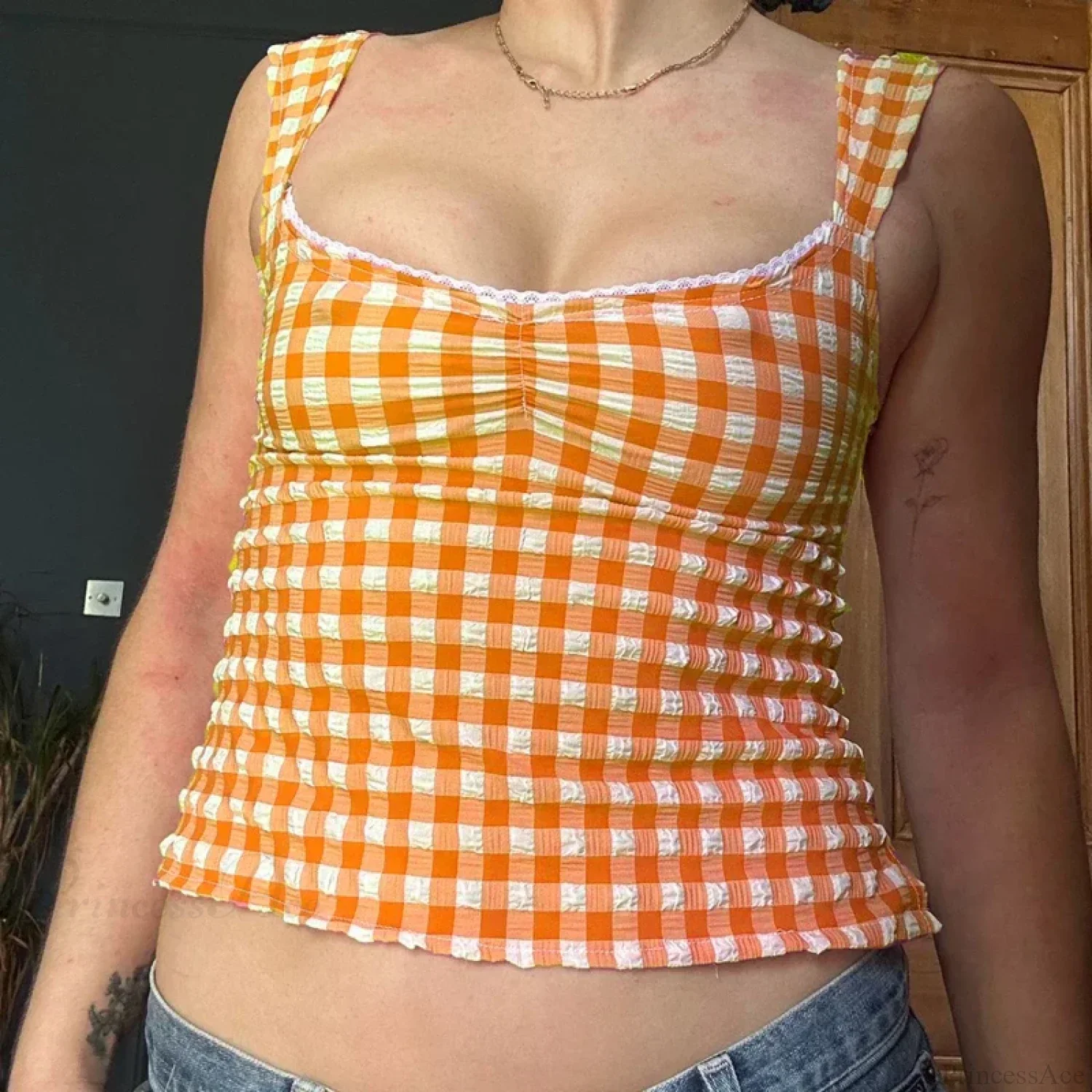 Plaid Gingham Lace Trim Square Collar Slim Fit Y2K Vintage Backless Crop Top - Image 5