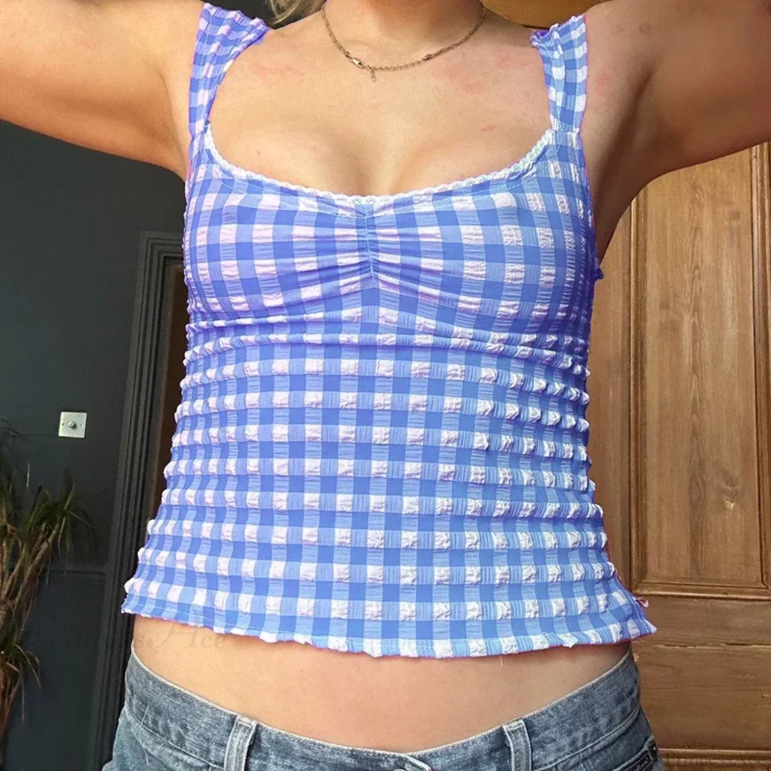 Plaid Gingham Lace Trim Square Collar Slim Fit Y2K Vintage Backless Crop Top - Image 7