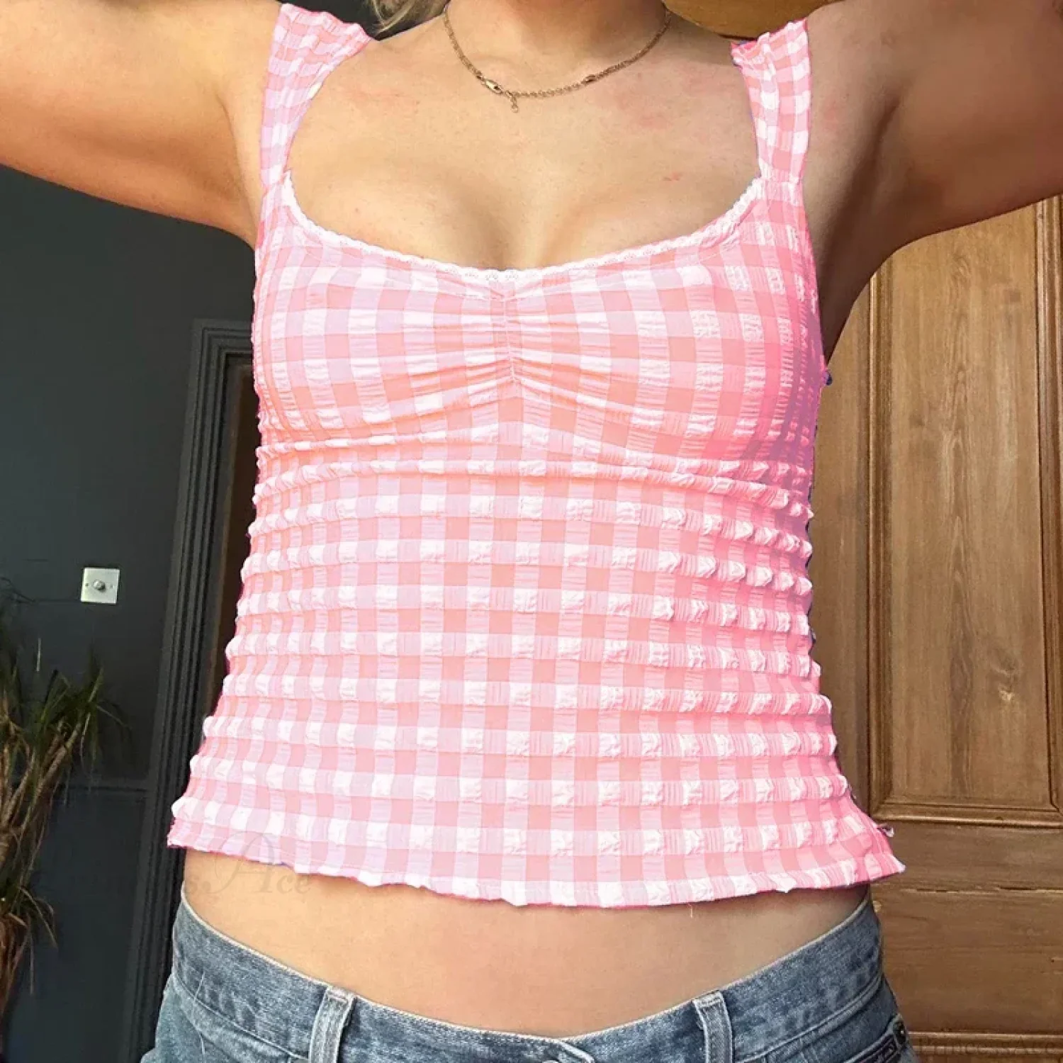 Plaid Gingham Lace Trim Square Collar Slim Fit Y2K Vintage Backless Crop Top - Image 9