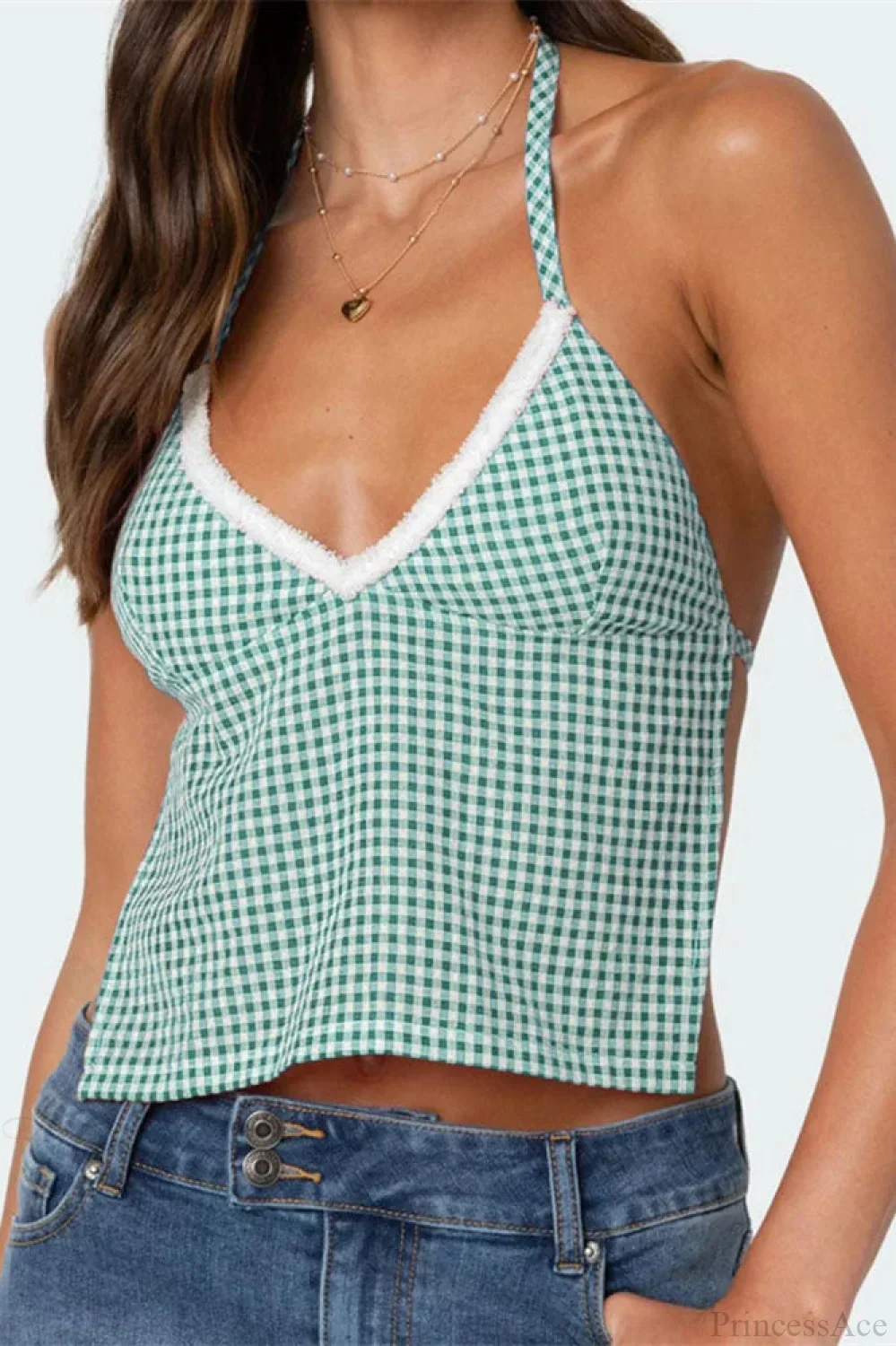 Plaid Halter Backless Deep V-neck Crop Top - Image 6