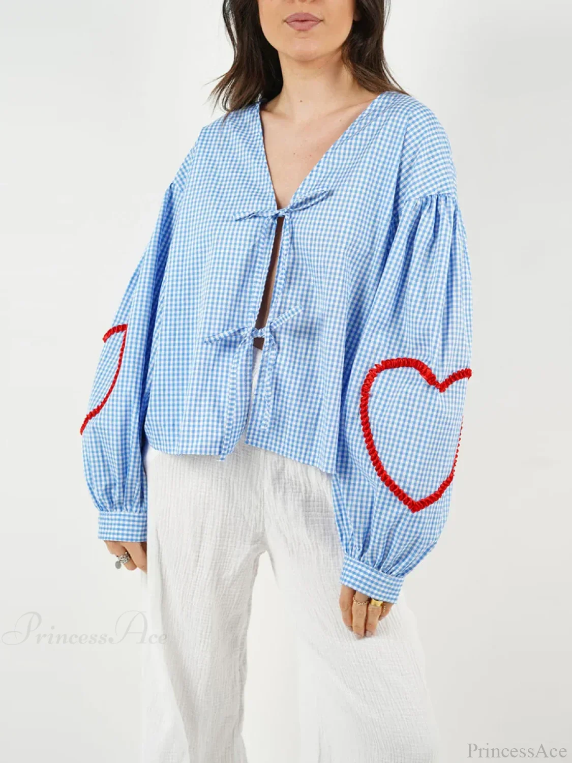 Plaid Heart Trim Tie-Up Blouse
