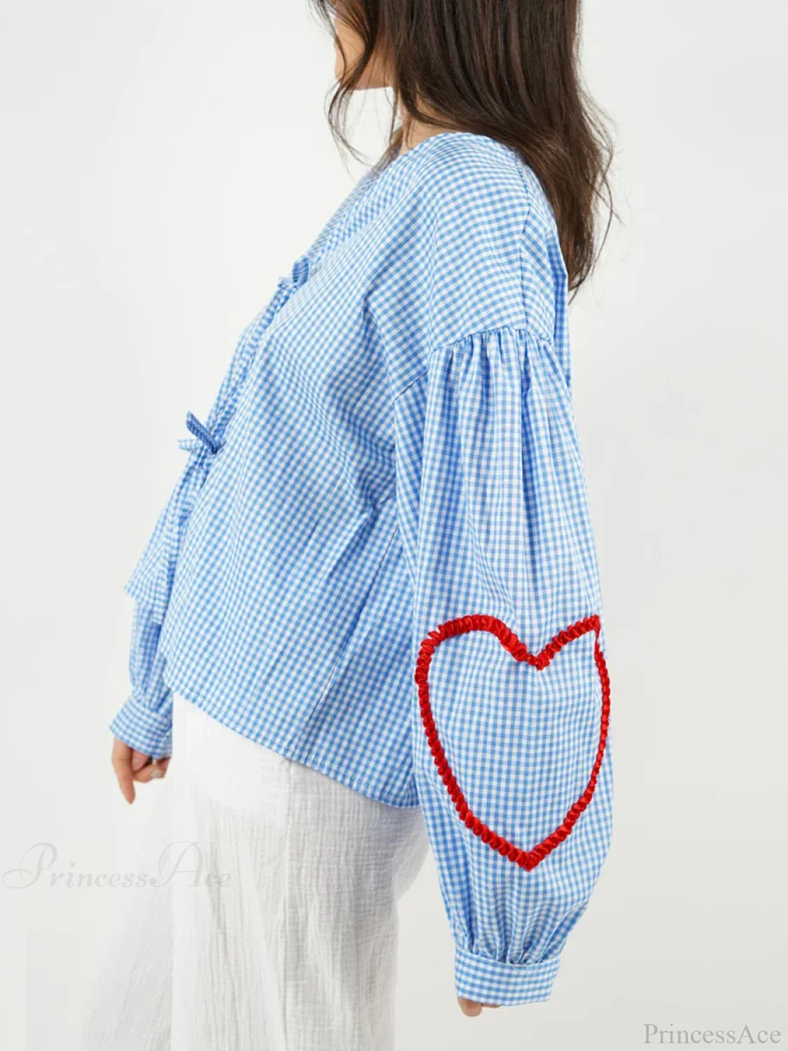 Plaid Heart Trim Tie-Up Blouse - Image 2