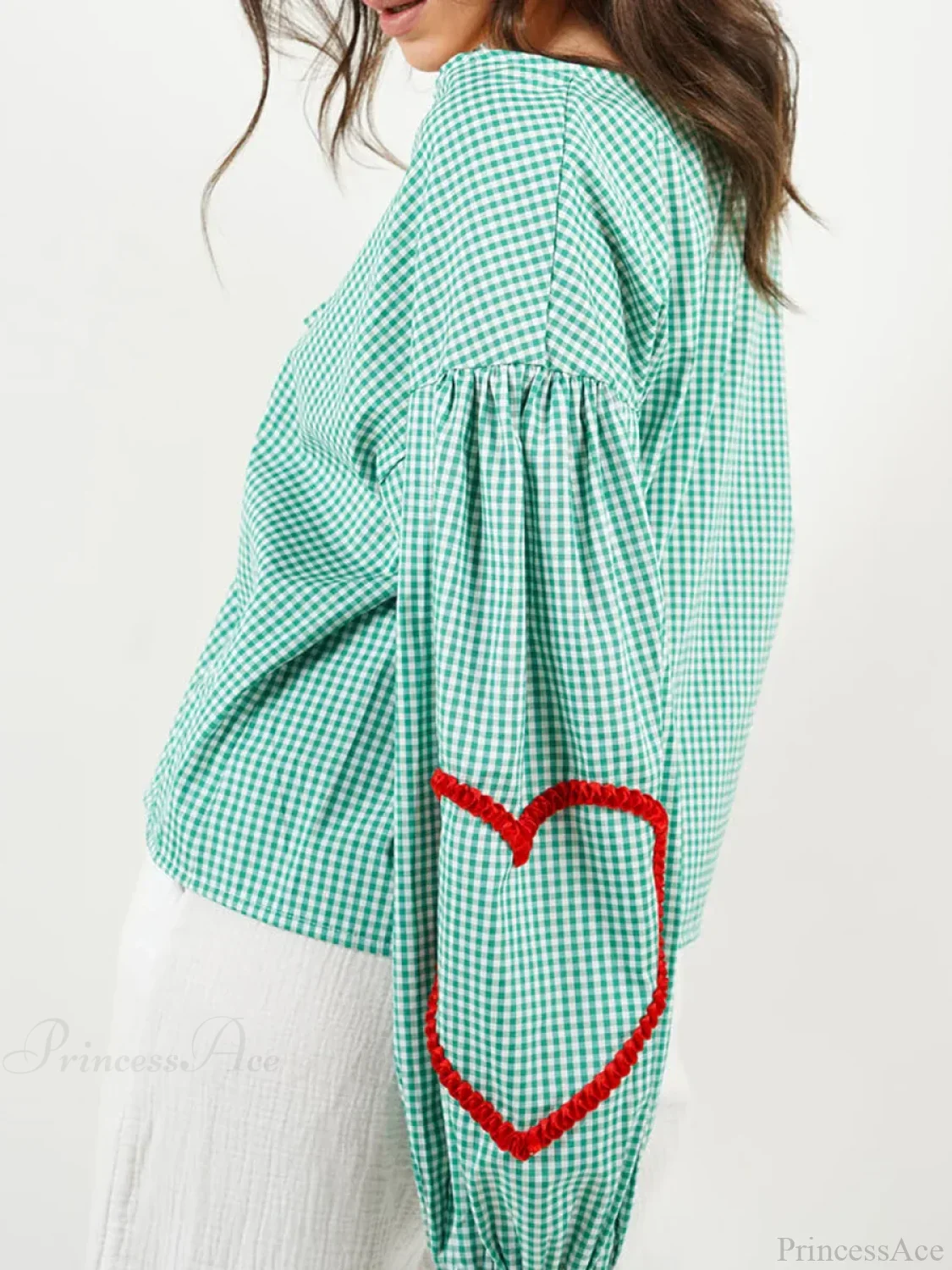Plaid Heart Trim Tie-Up Blouse - Image 7