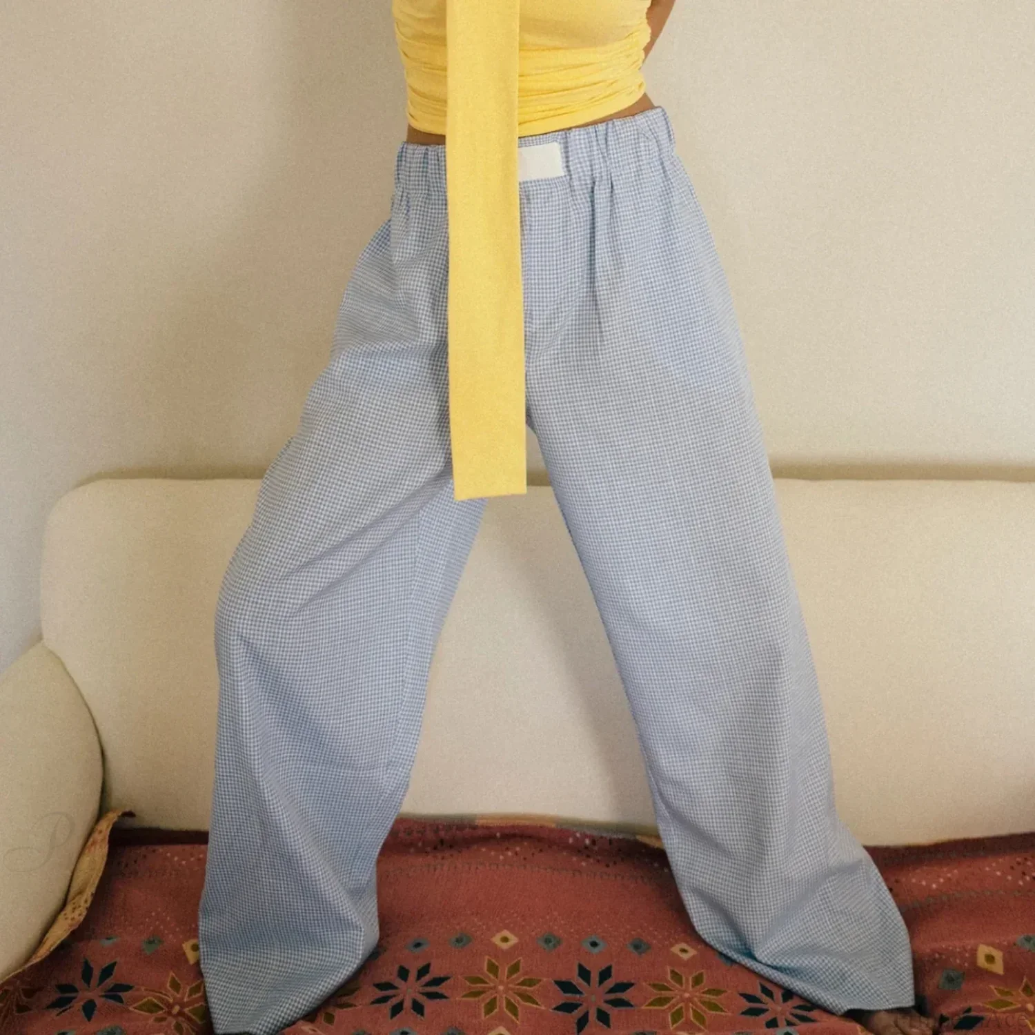 Plaid High Waist Straight Wide Leg Pajama Pant - Image 4