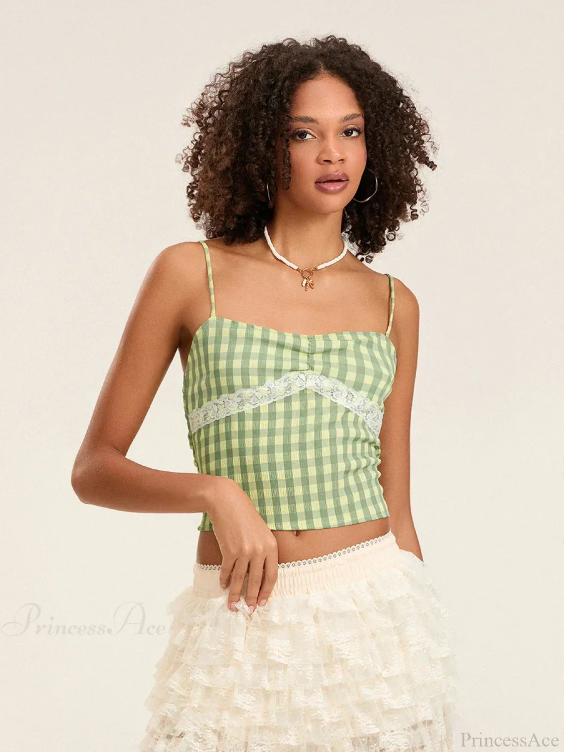 Plaid Lace Patchwork Spaghetti Strap Low-cut Crop Top - Image 4