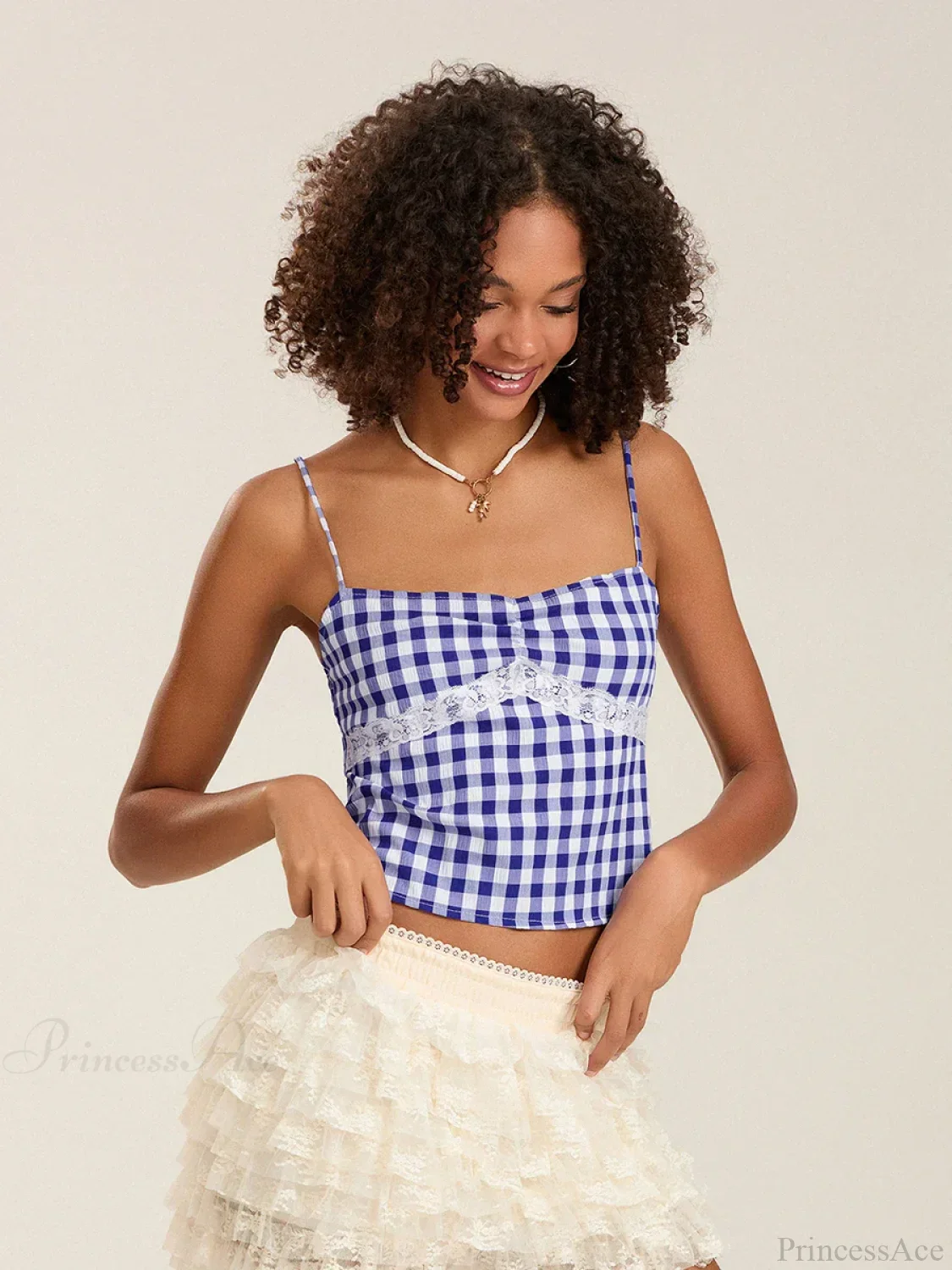 Plaid Lace Patchwork Spaghetti Strap Low-cut Crop Top - Image 6