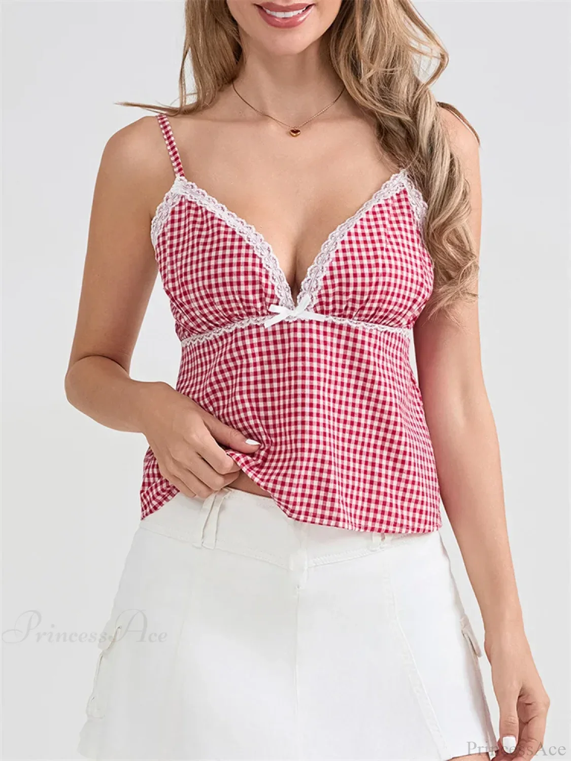 Plaid Lace Trim Spaghetti Strap Tank Crop Top - Image 2
