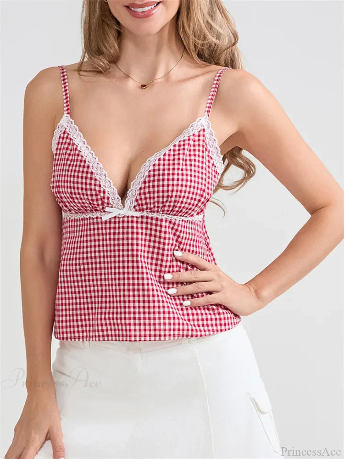 Plaid Lace Trim Spaghetti Strap Tank Crop Top - Image 5
