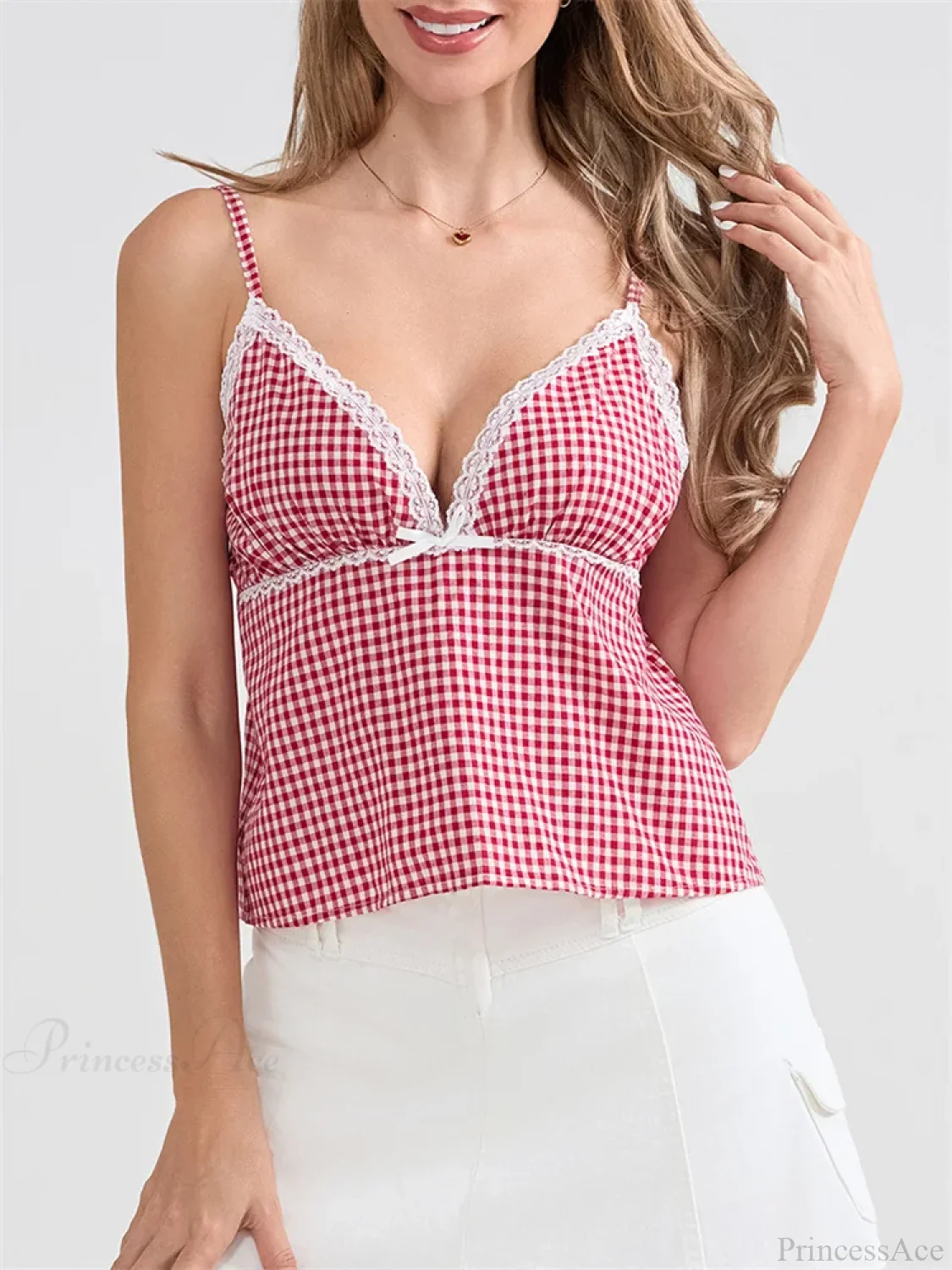 Plaid Lace Trim Spaghetti Strap Tank Crop Top - Image 6