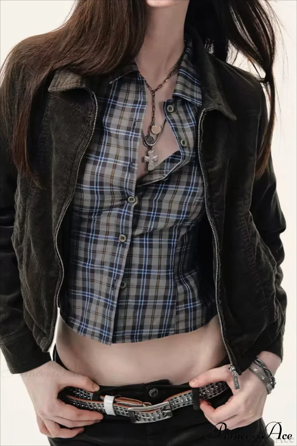 Plaid Long-Sleeve Back Bow-Tie Waist-Slim Blouse - Image 4