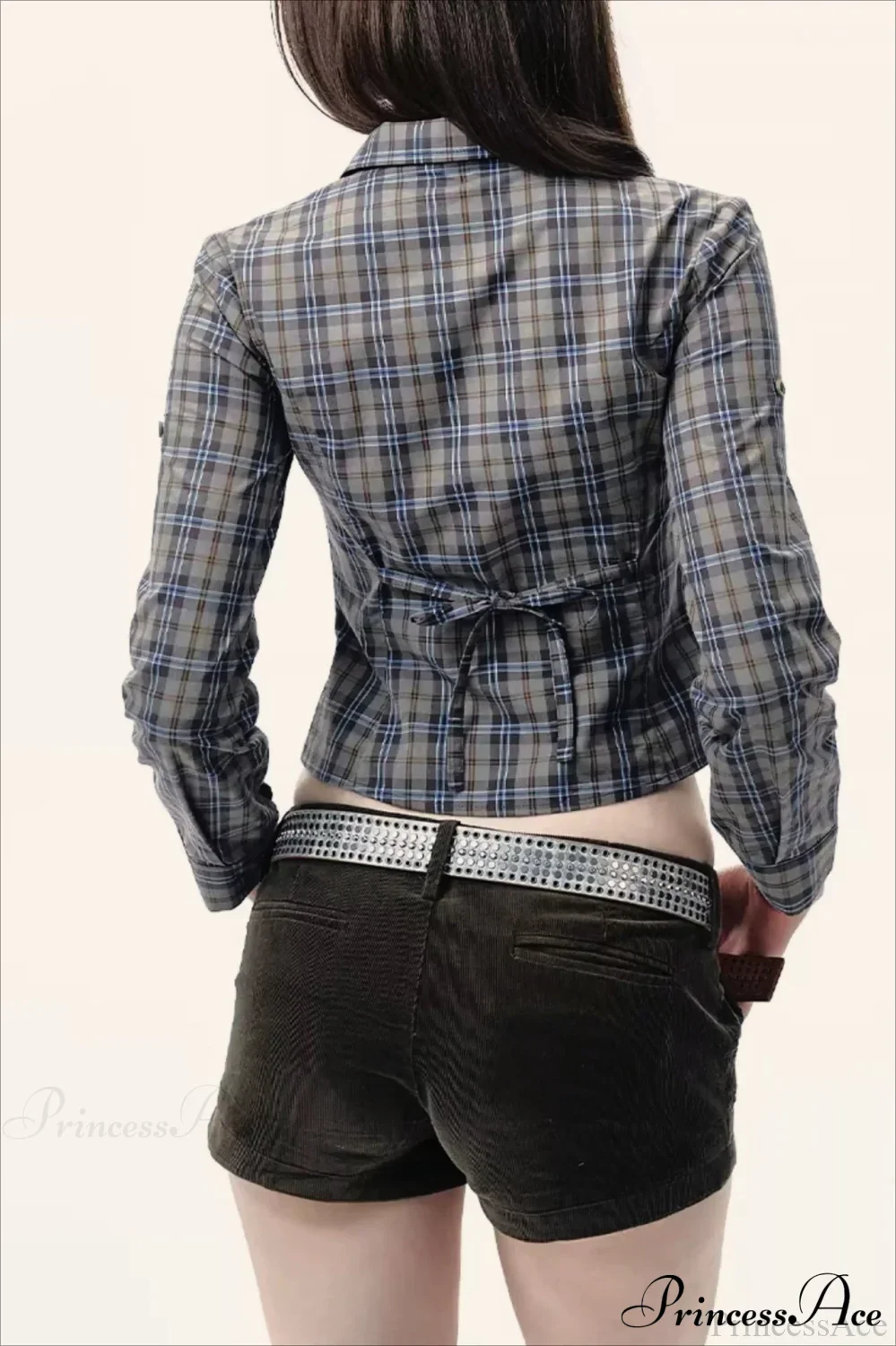 Plaid Long-Sleeve Back Bow-Tie Waist-Slim Blouse - Image 6