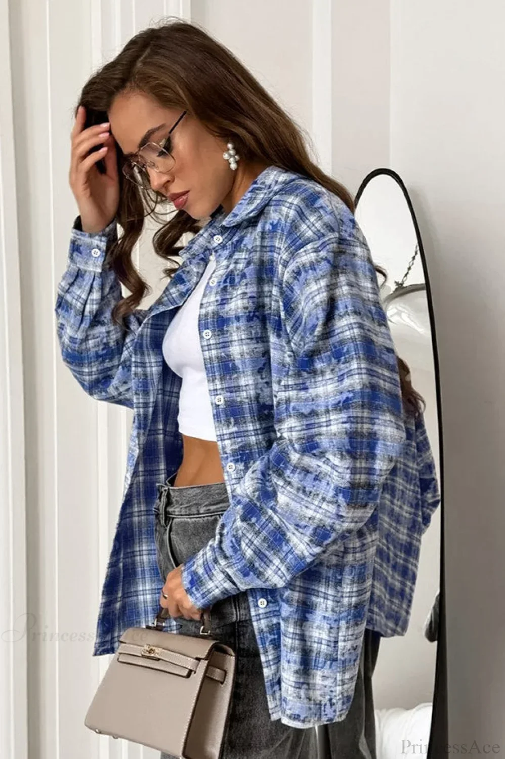Plaid Long Sleeve Loose Casual Blouse - Image 6