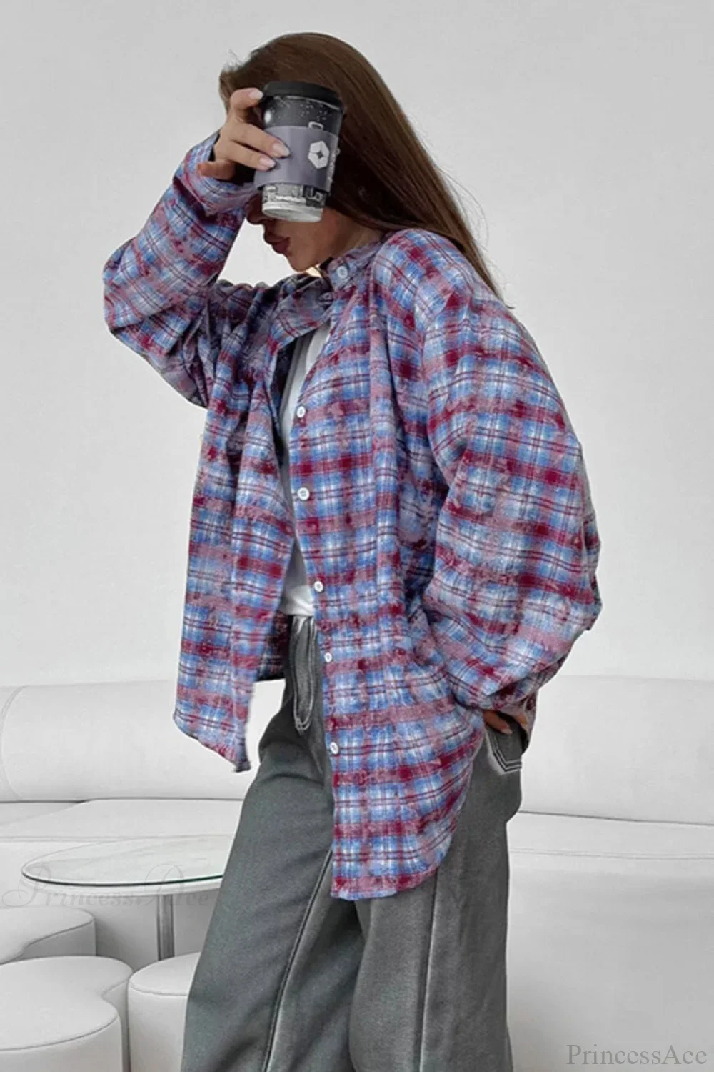 Plaid Long Sleeve Loose Casual Blouse - Image 9