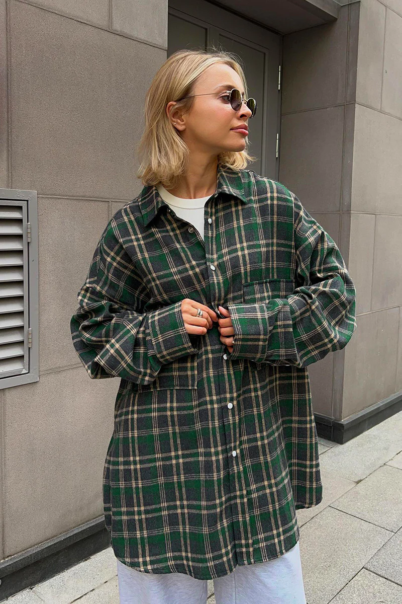Plaid Mid Length Double Pocket Shirt Blouse - Image 5