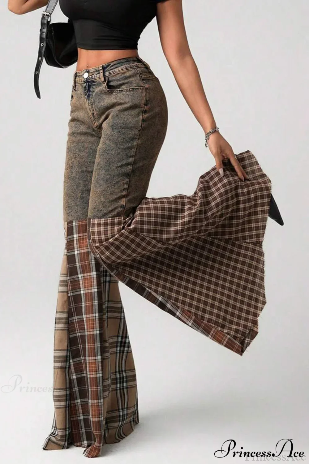 Plaid Patchwork Flared Denim High Waist Jeans - Image 2