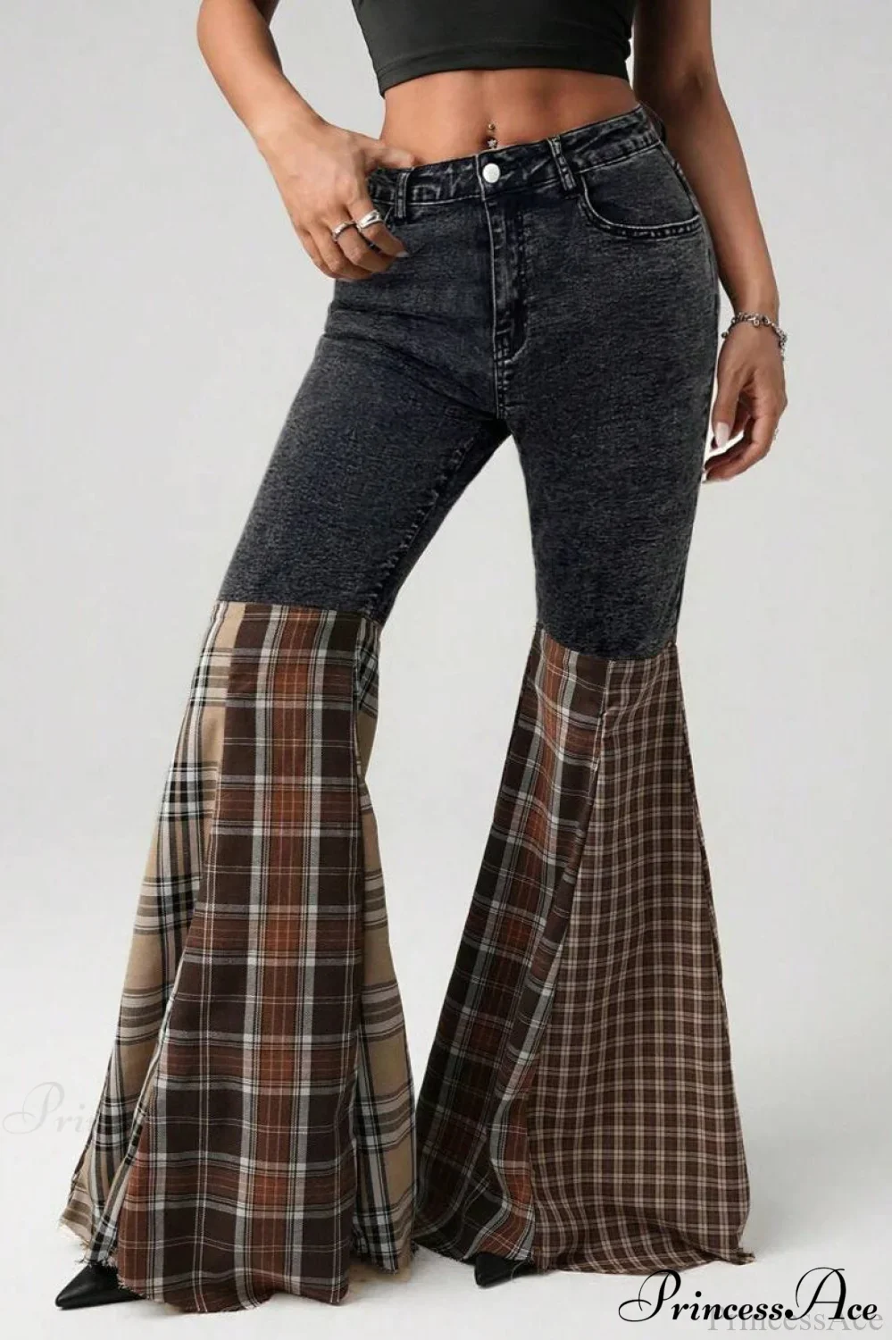 Plaid Patchwork Flared Denim High Waist Jeans - Image 4