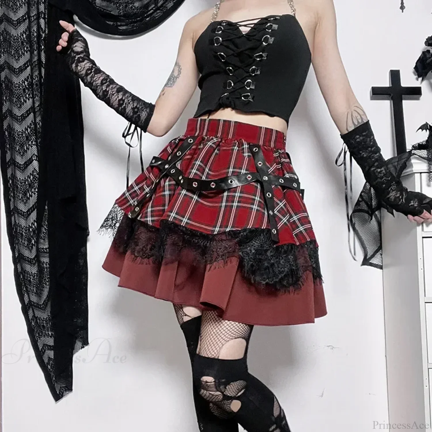 Plaid Pleated Lace Kawaii Skirt - Image 3