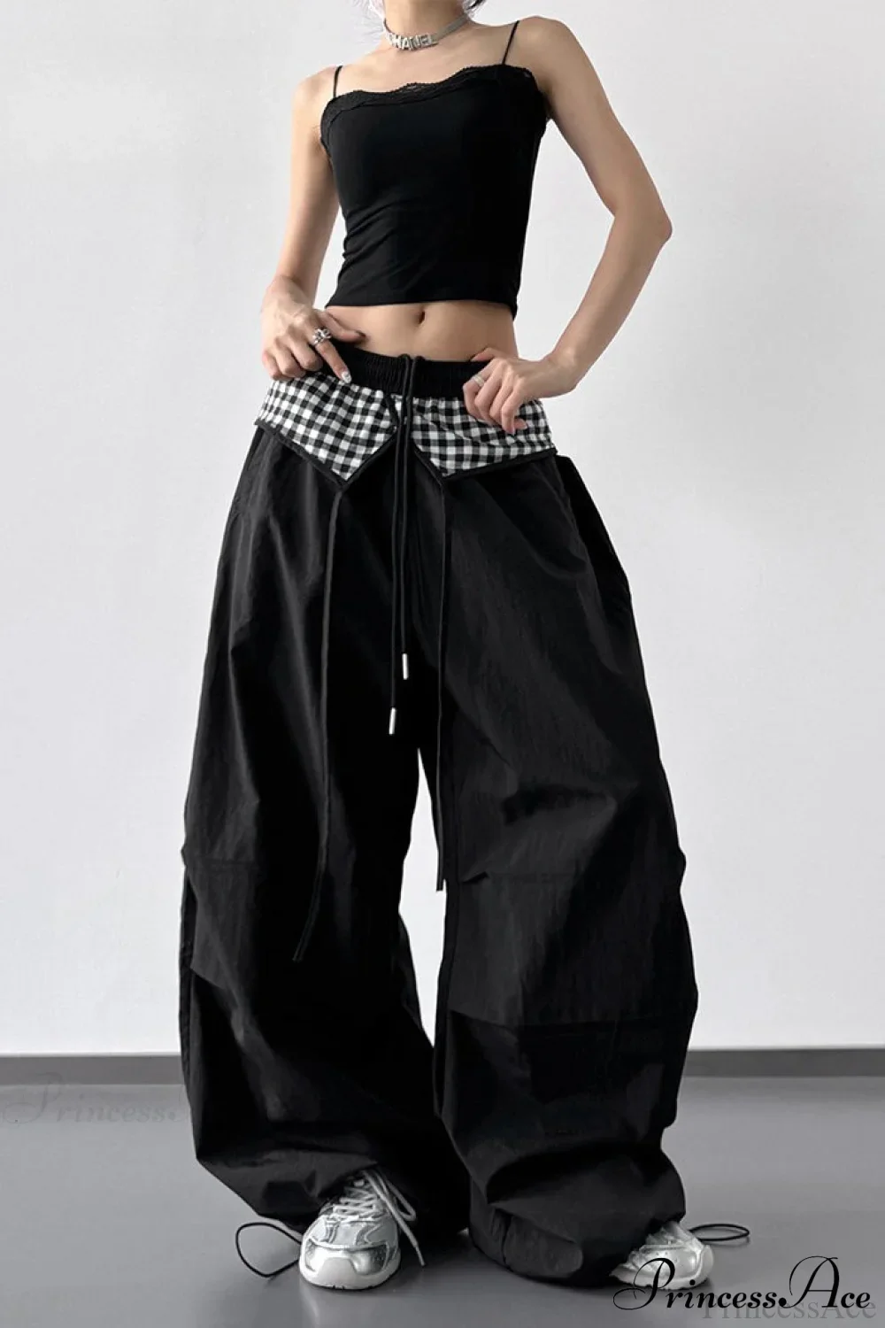 Plaid Pleated Layering Parachute Pants - Image 4