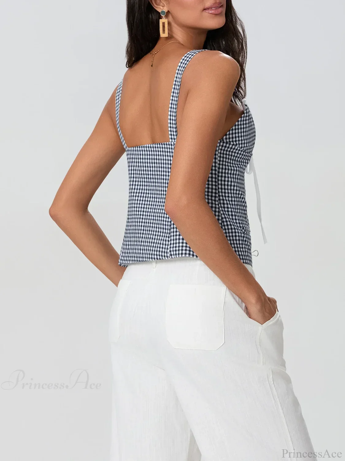 Plaid Print Backless Sleeveless Low Cut Tied Crop Vest - Image 4