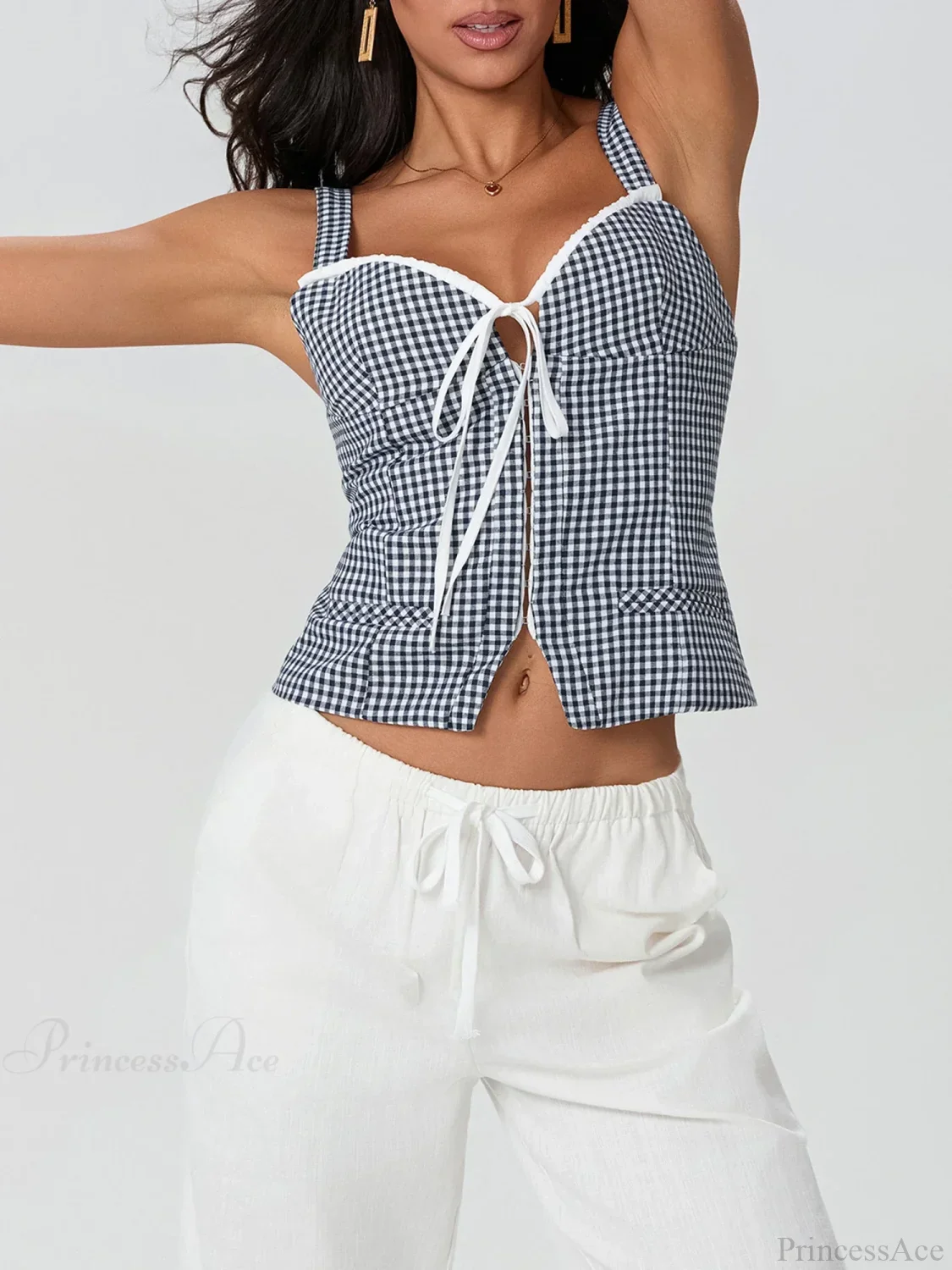 Plaid Print Backless Sleeveless Low Cut Tied Crop Vest - Image 5