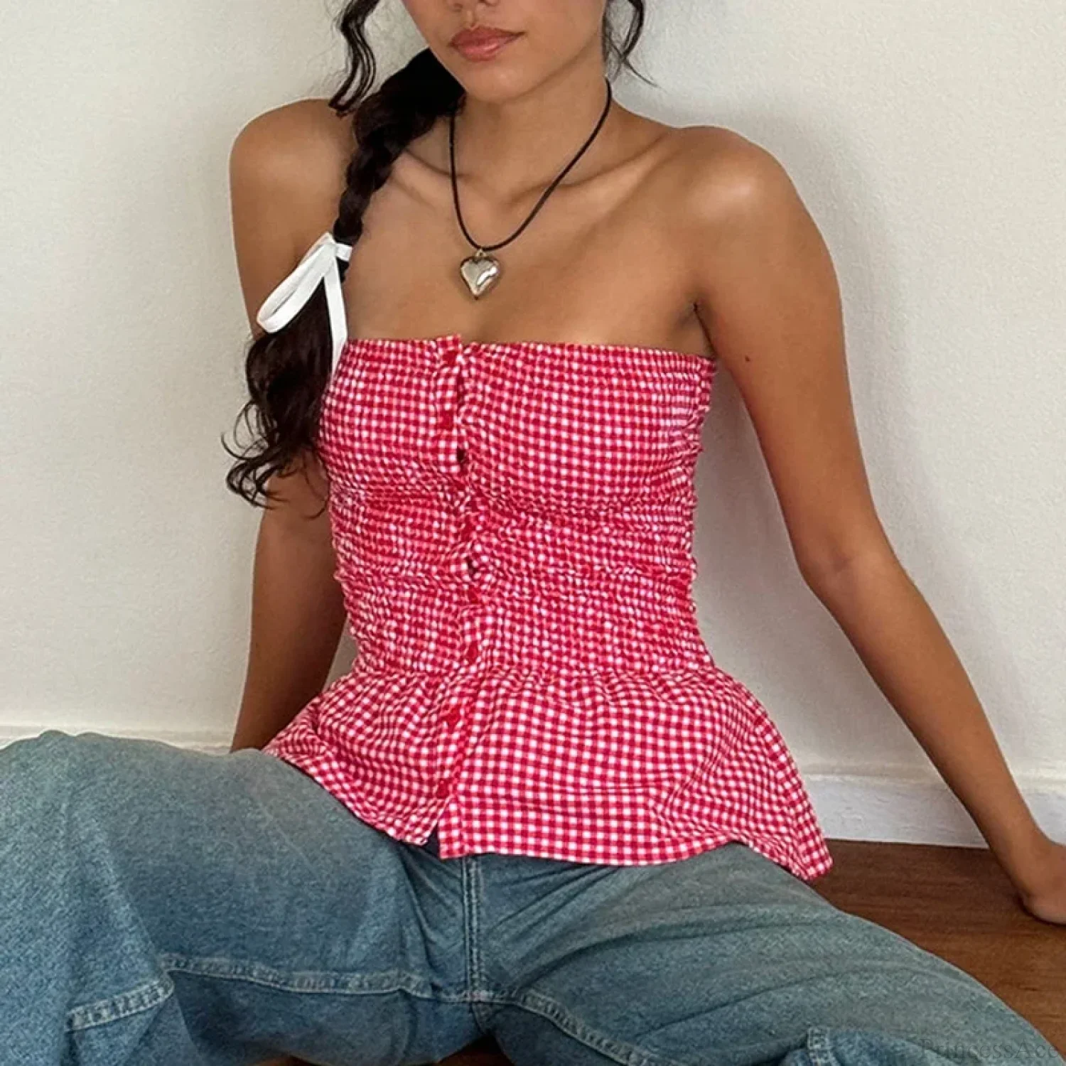 Plaid Print Tube Top Backless Slim Fit Crop Top - Image 2