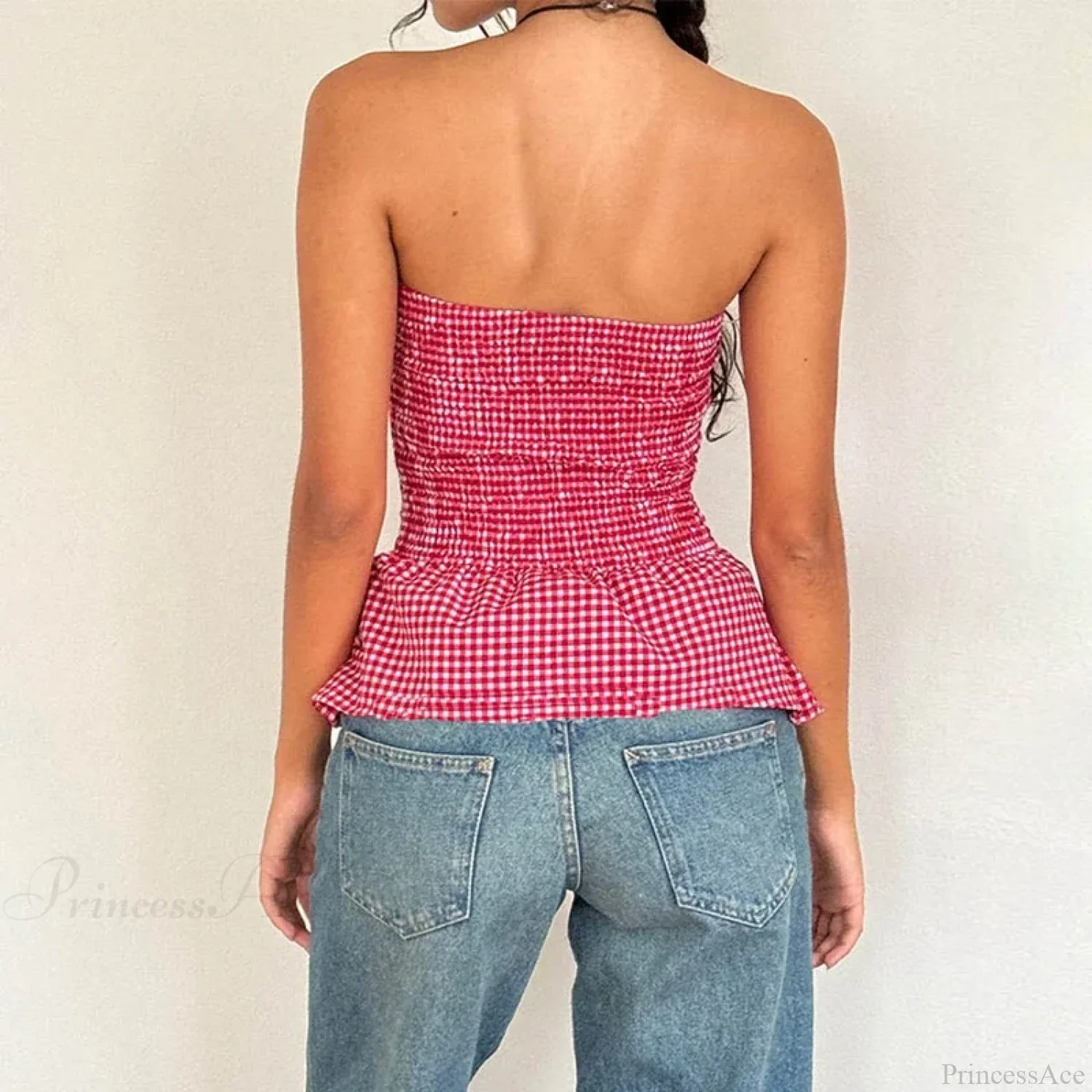 Plaid Print Tube Top Backless Slim Fit Crop Top - Image 3