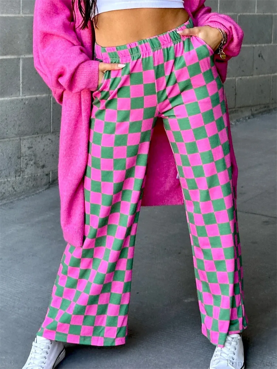 Plaid Print Wide Leg Elastic Waist Casual Pant - Image 2