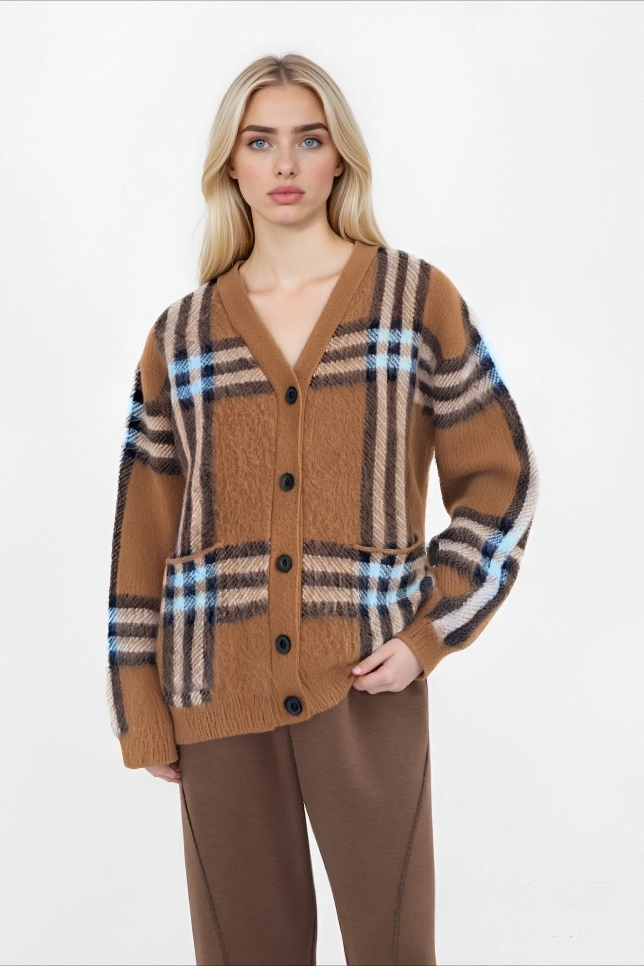 Plaid Retro Loose Plus Size V Neck Knit Cardigan - Image 3