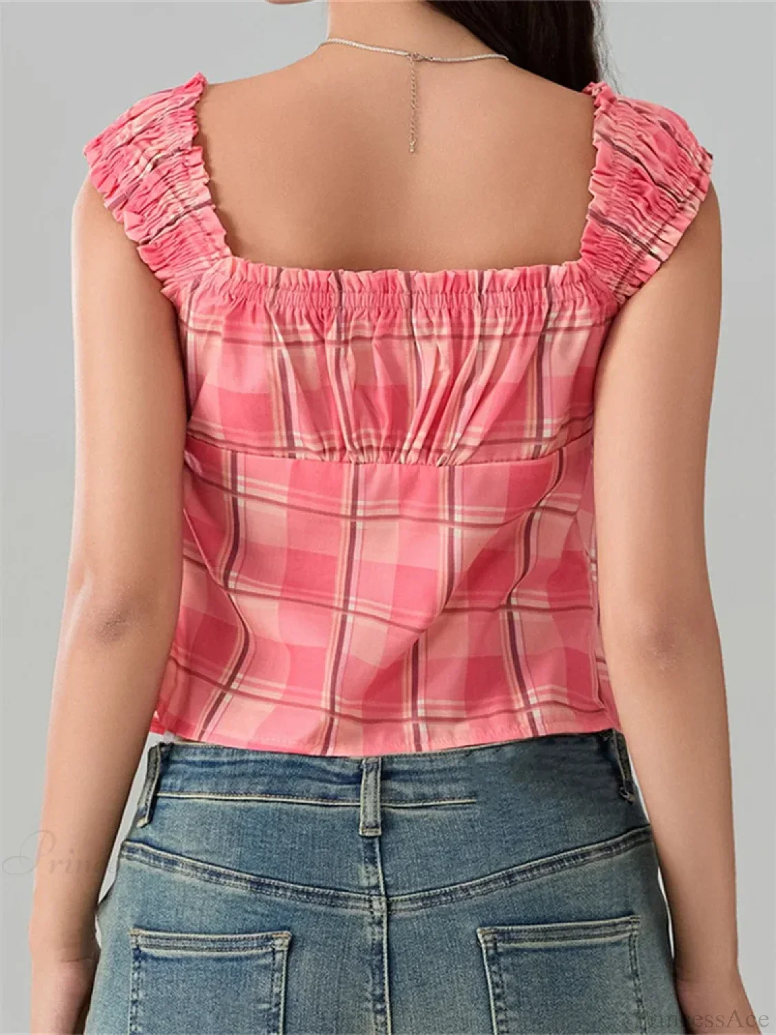 Plaid Round Neck Front Split Sleeveless Crop Top - Image 6