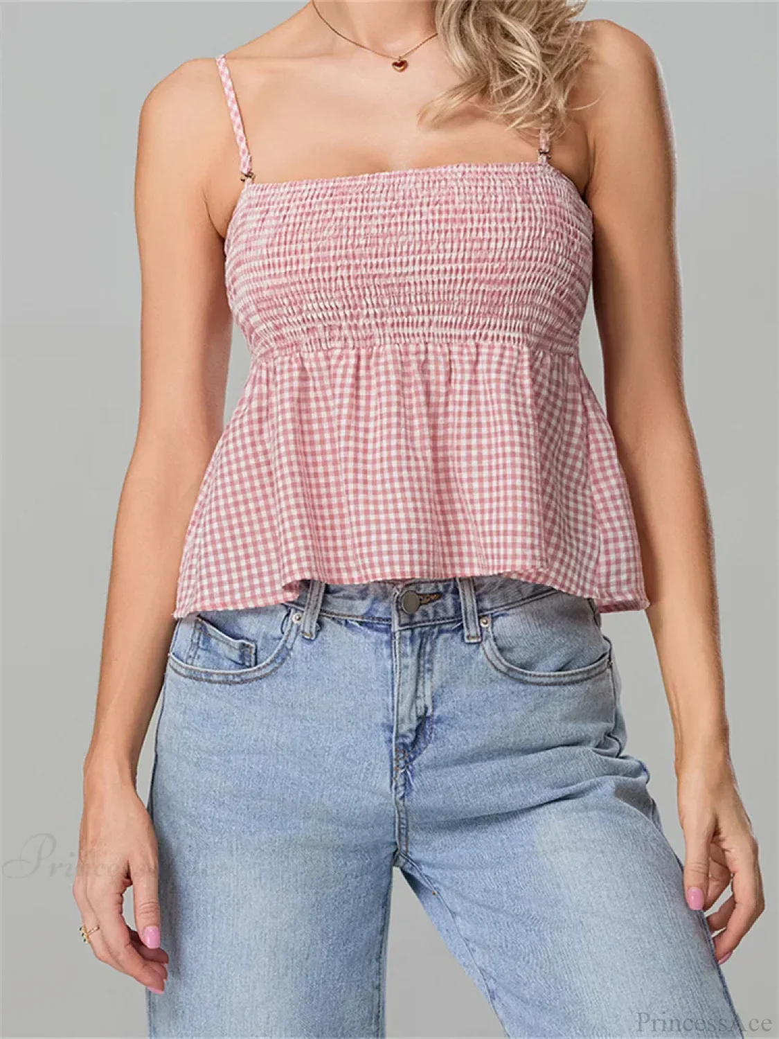 Plaid Ruffle Hem Square Neck Spaghetti Crop Top - Image 3