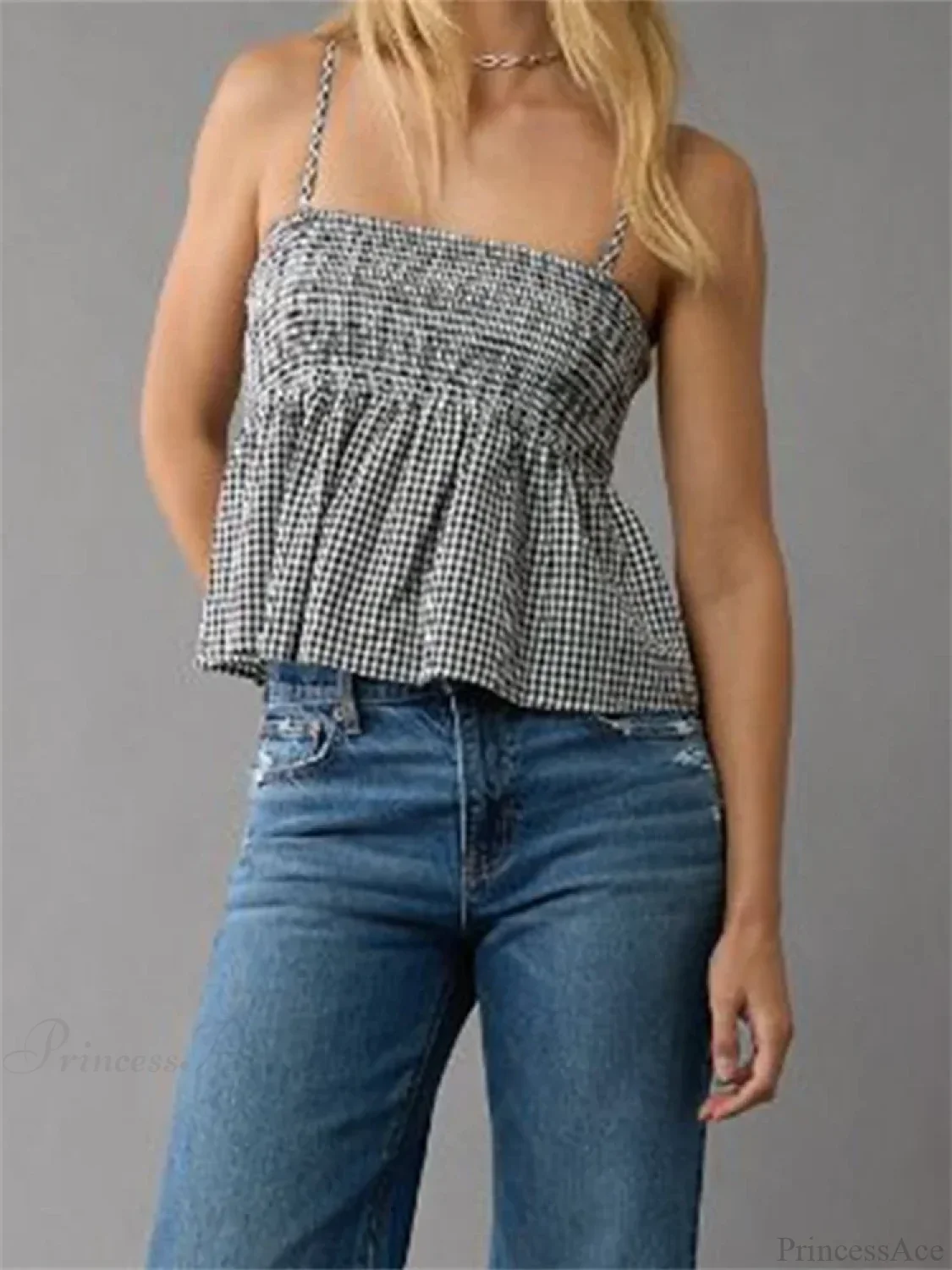 Plaid Ruffle Hem Square Neck Spaghetti Crop Top - Image 5
