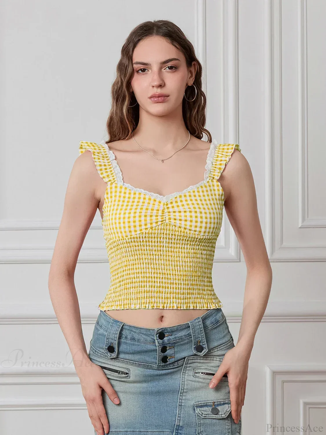 Plaid Ruffle Strap Sweetheart Lace Trim Cropped Tank Top - Image 10