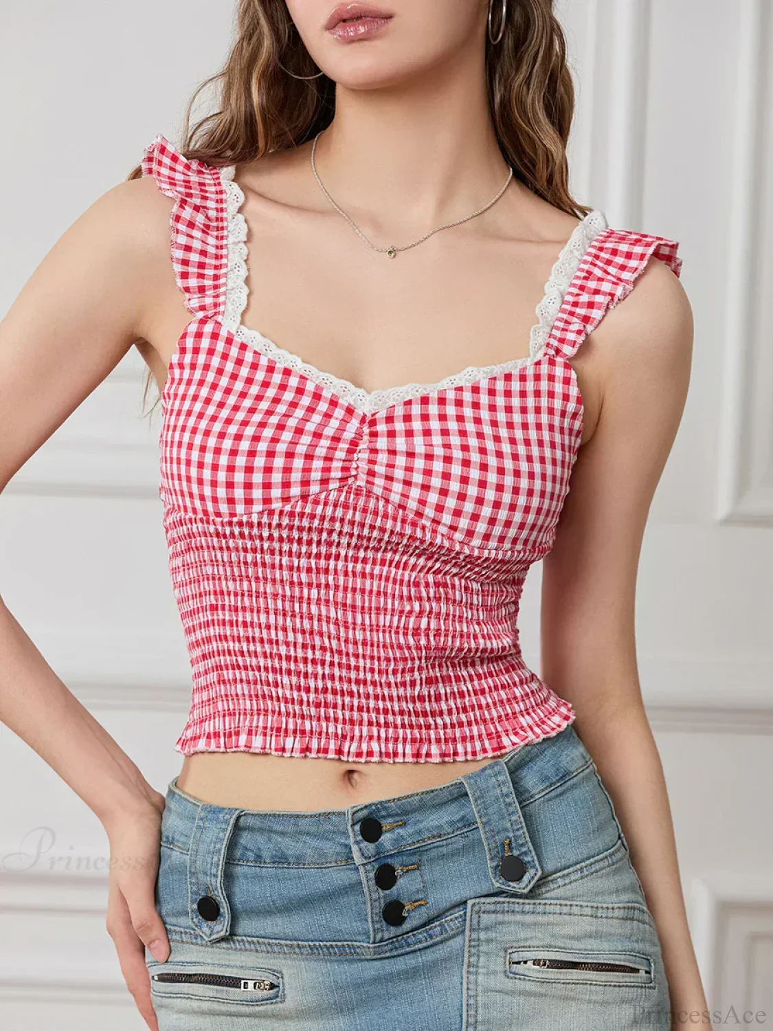 Plaid Ruffle Strap Sweetheart Lace Trim Cropped Tank Top - Image 2