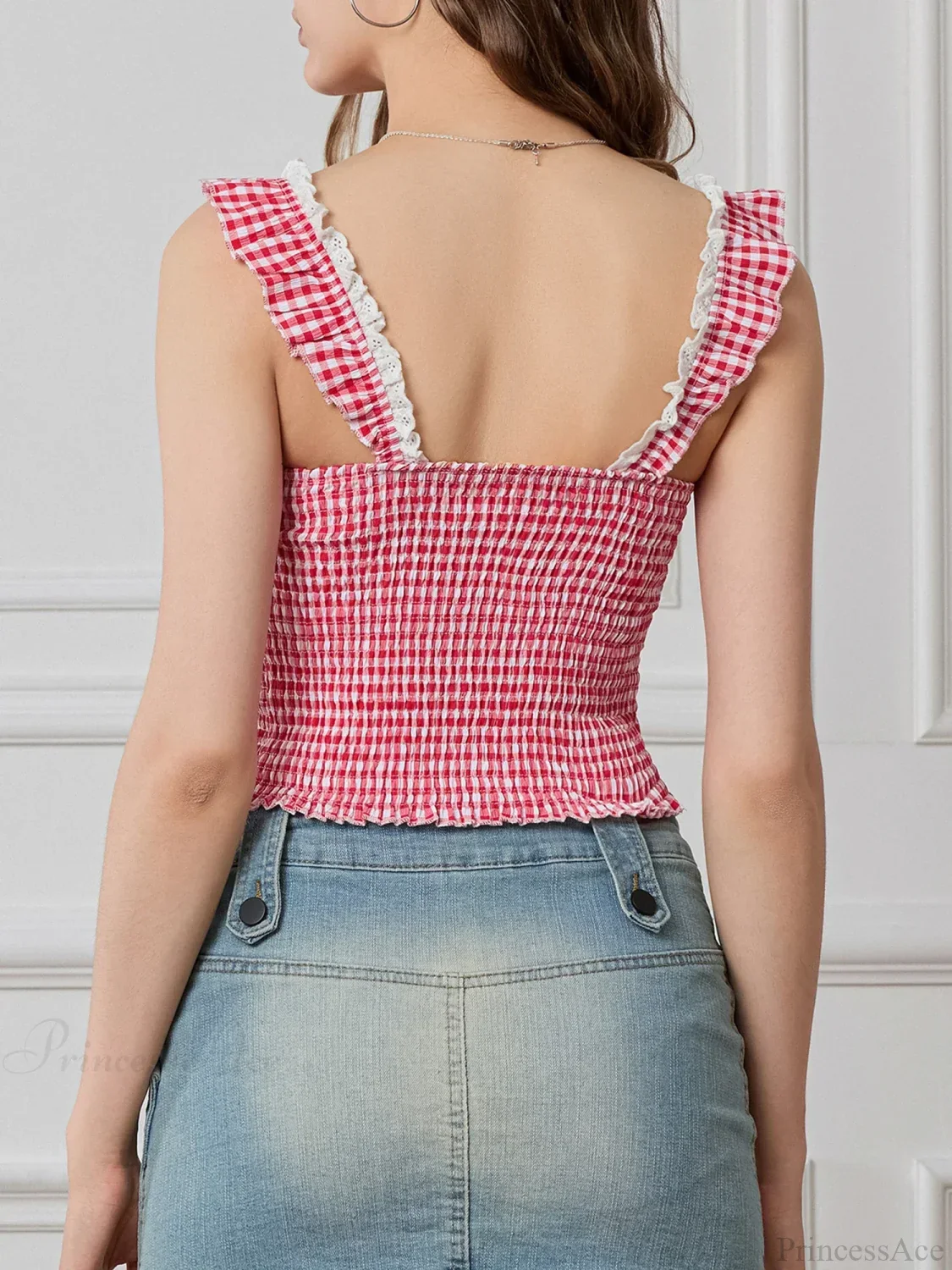 Plaid Ruffle Strap Sweetheart Lace Trim Cropped Tank Top - Image 4