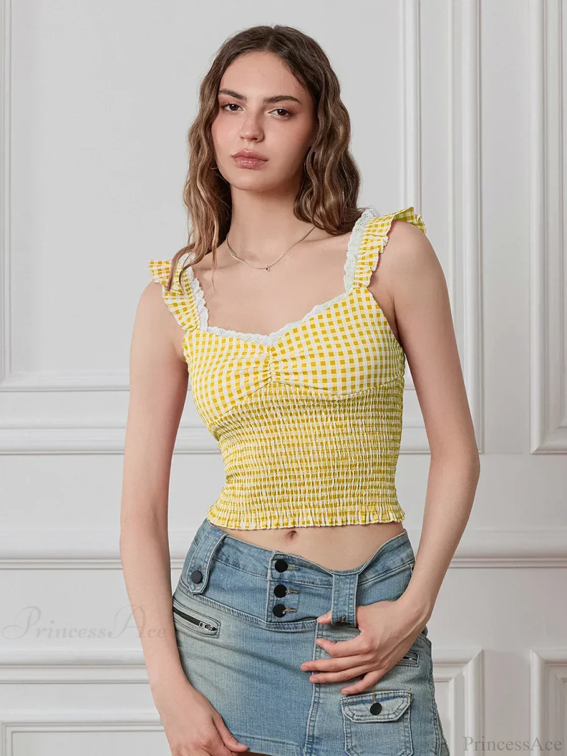 Plaid Ruffle Strap Sweetheart Lace Trim Cropped Tank Top - Image 5