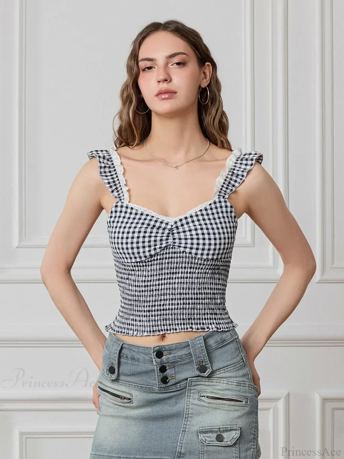 Plaid Ruffle Strap Sweetheart Lace Trim Cropped Tank Top - Image 7