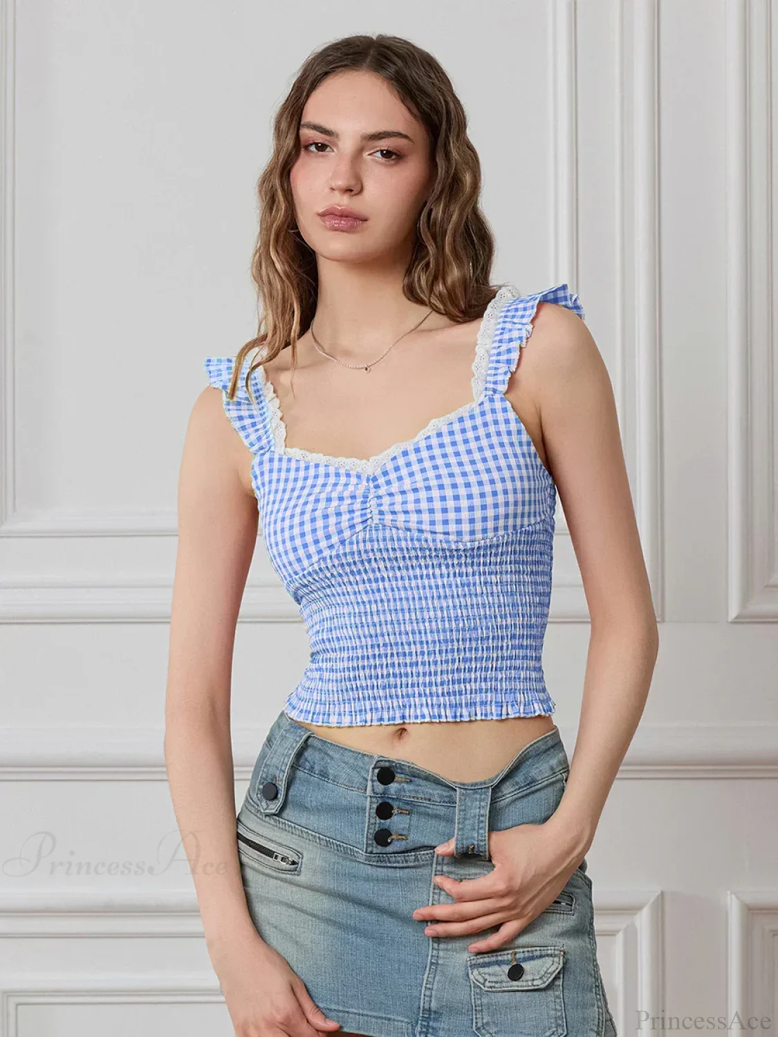 Plaid Ruffle Strap Sweetheart Lace Trim Cropped Tank Top - Image 8