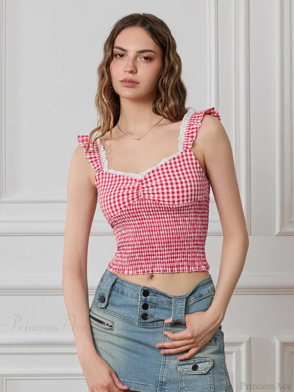 Plaid Ruffle Strap Sweetheart Lace Trim Cropped Tank Top - Image 9