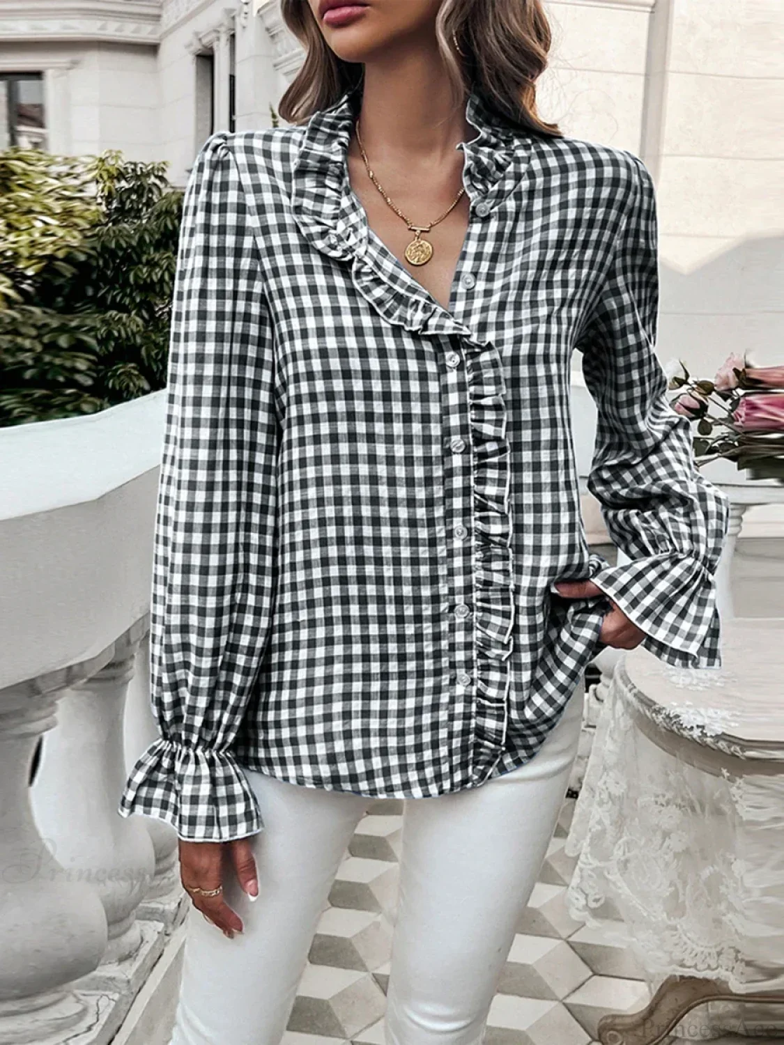 Plaid Ruffle V-neck Blouse - Image 4