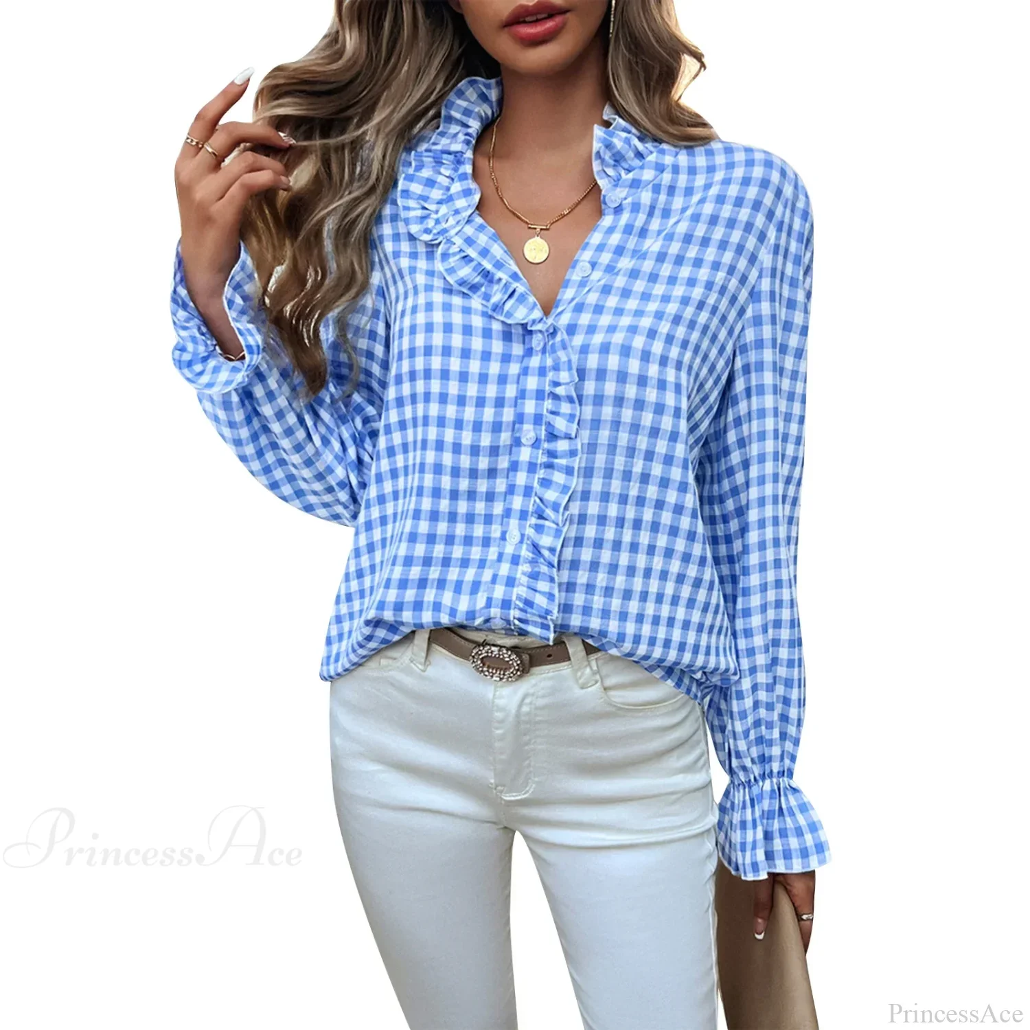 Plaid Ruffle V-neck Blouse - Image 8
