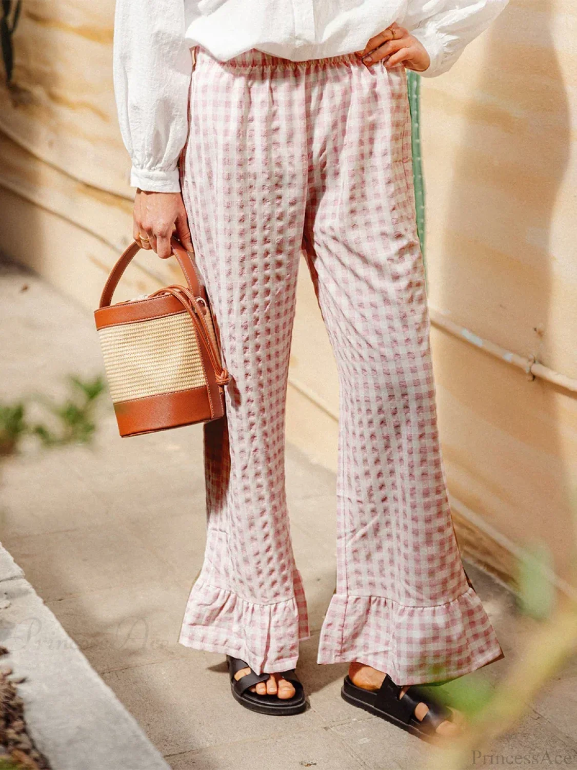 Plaid Ruffled Hem Elastic Waist Loose Pajama Pant - Image 8