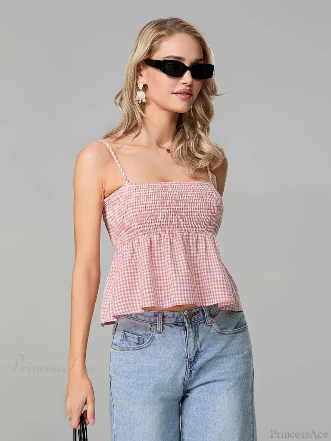 Plaid Smocked Backless Spaghetti Strap Frill Hem Crop Top - Image 4