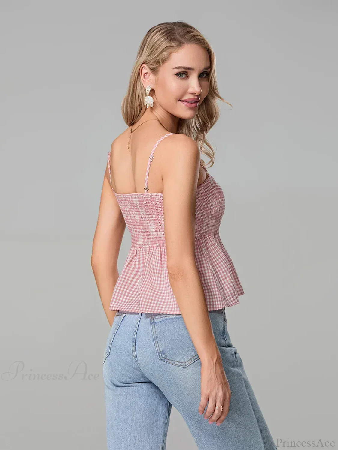 Plaid Smocked Backless Spaghetti Strap Frill Hem Crop Top - Image 6