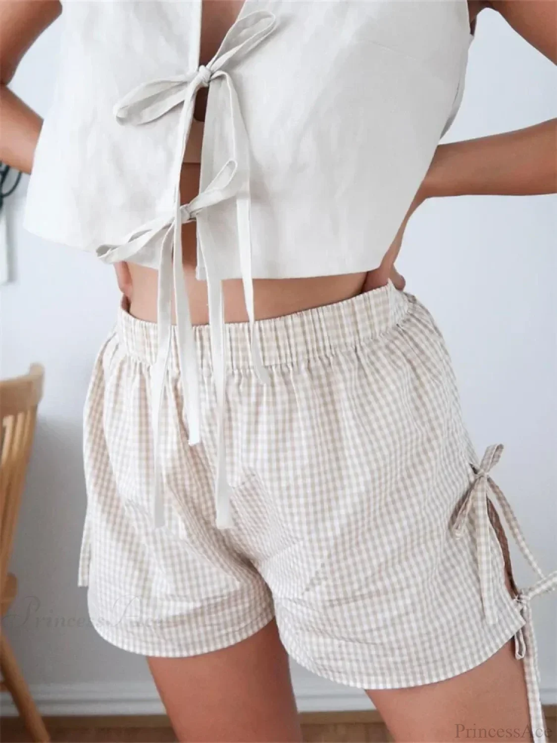 Plaid Split Lace-Up HolLow Short - Image 6