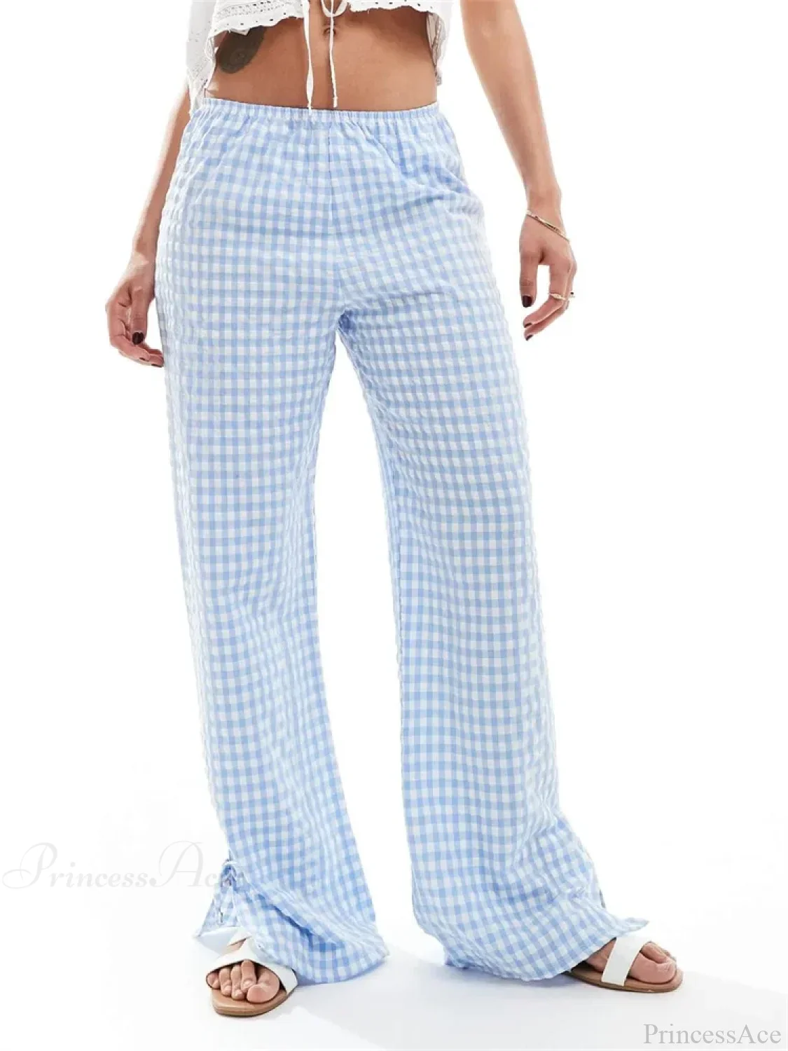 Plaid Split Tie-Up Loose Wide Leg Summer Pant - Image 5