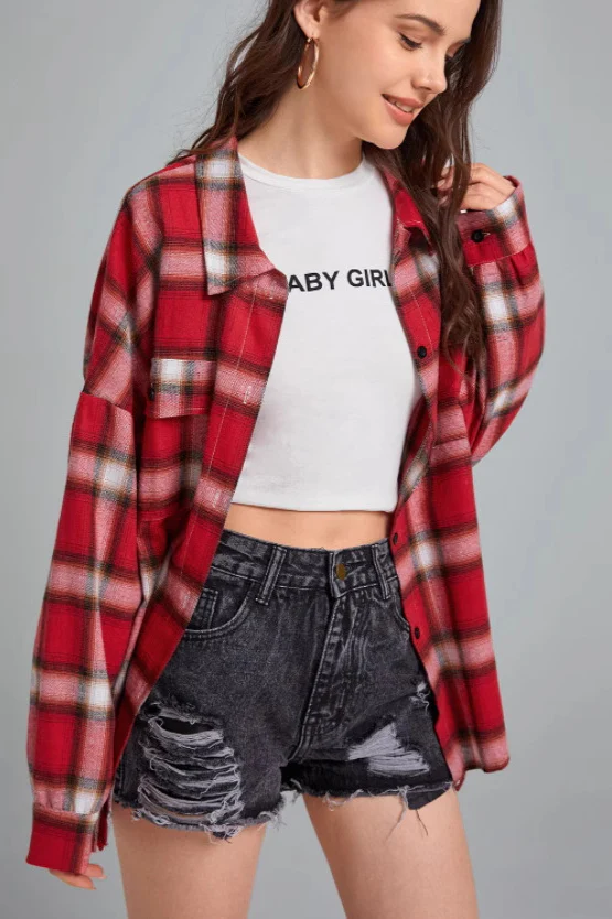 Plaid Stand Collar Button Shirt Blouse - Image 11