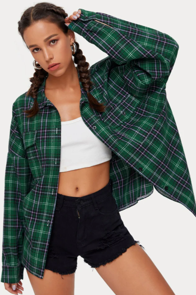 Plaid Stand Collar Button Shirt Blouse - Image 12