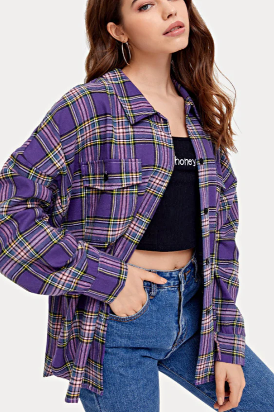 Plaid Stand Collar Button Shirt Blouse - Image 13