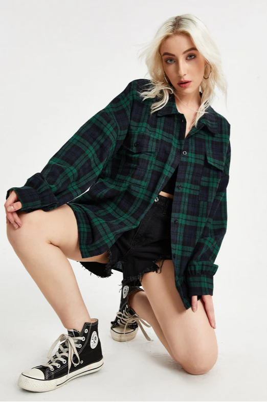 Plaid Stand Collar Button Shirt Blouse - Image 15